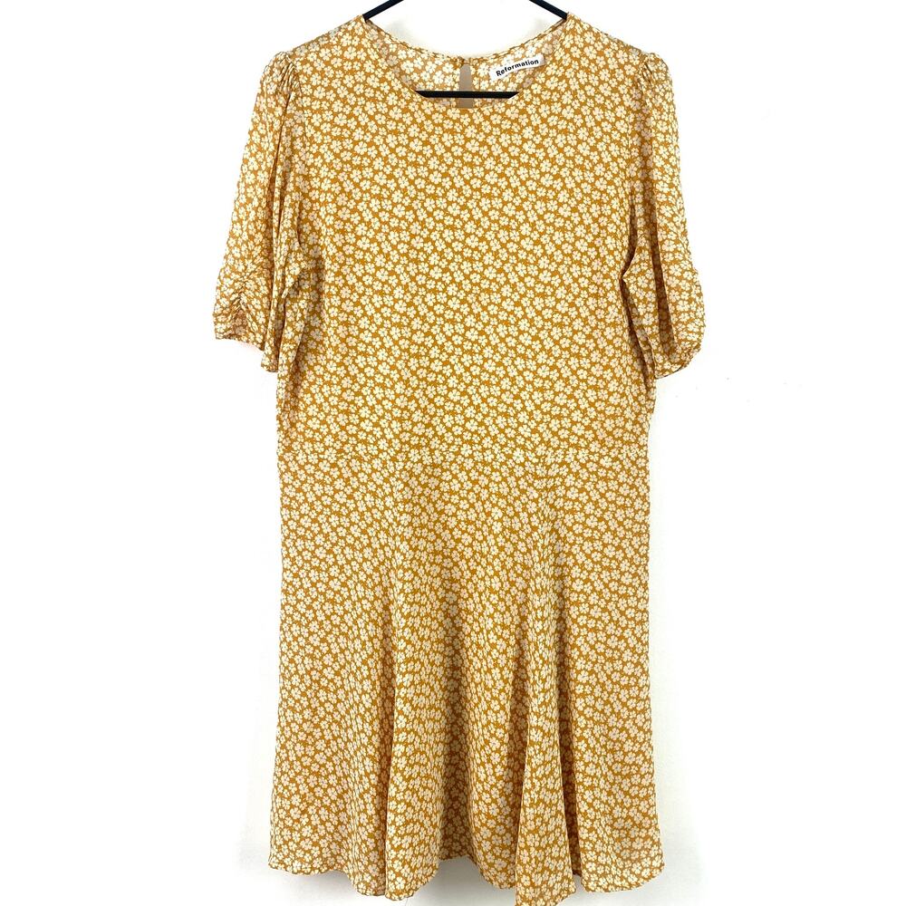 Reformation Gracie Short Sleeve Floral Print Crepe Mini Dress In Peru Yellow 12 - Picture 6 of 8